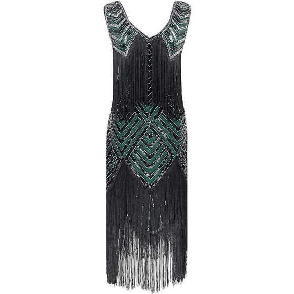 ✨💚 Flapper Great Gatsby 1920s Retro Tassel Fringe Sequin Green Dress XL NEW - Picture 3 of 17